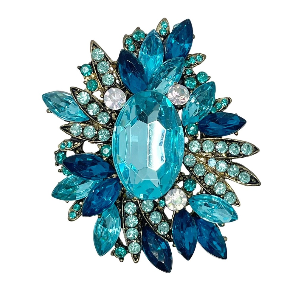 Vintage Aquamarine Rhinestone Statement Brooch Pendant Blue Gold Tone Excellent
